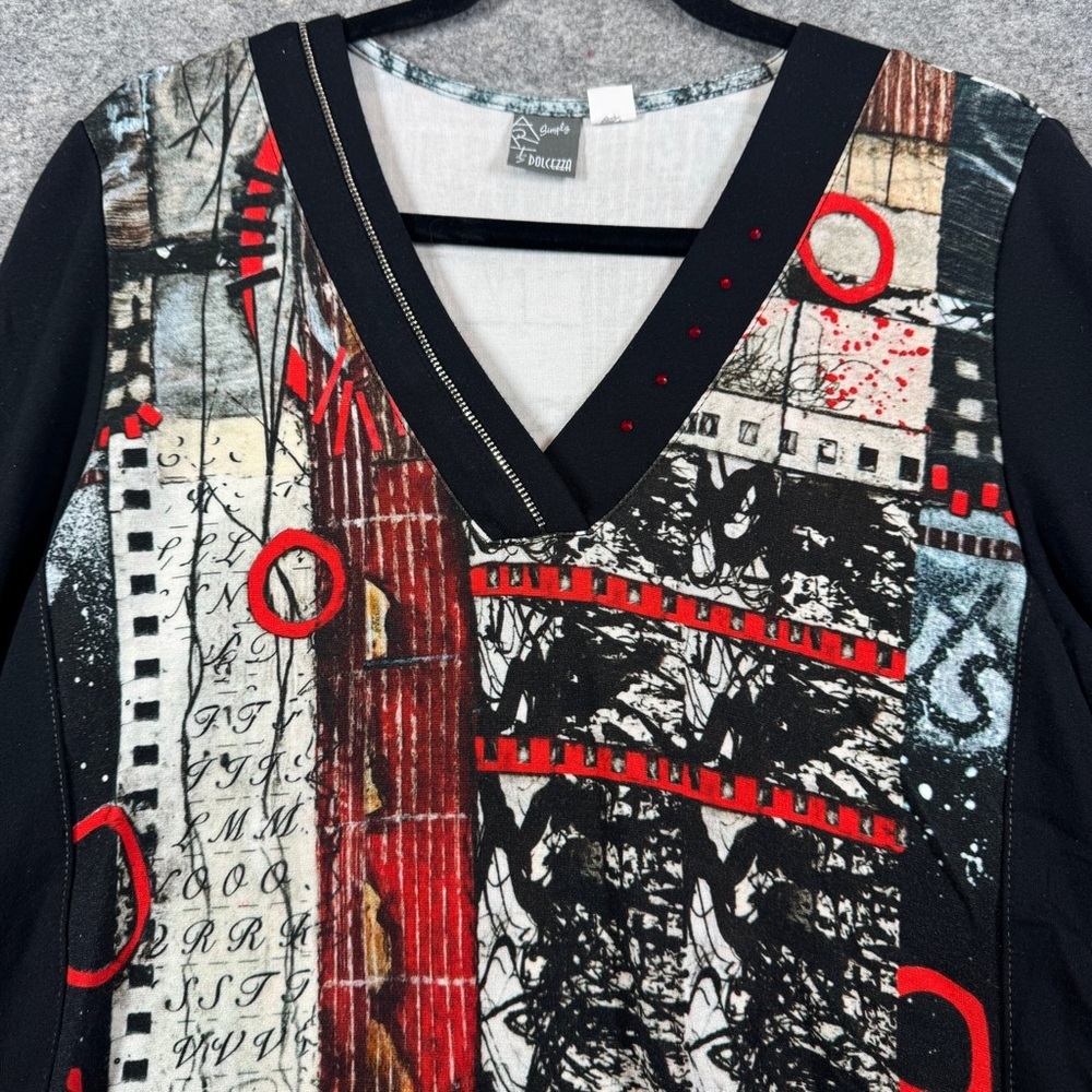 Dolcezza Simply Art Top Size L Abstract Print V Neck Tunic Shirt - Picture 6 of 16